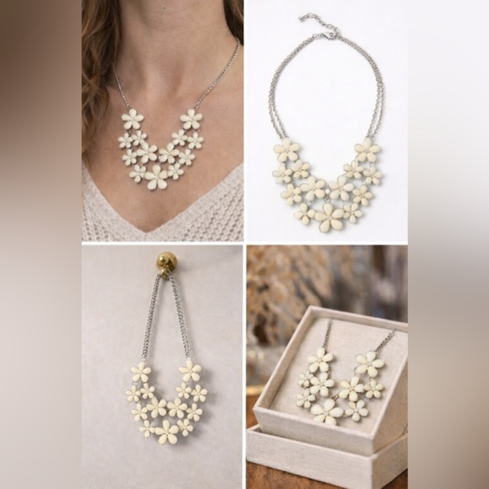 🤍Cream Floral Statement Necklace/Silver Tone Chain | Daisy Cluster Bib Necklace🤍